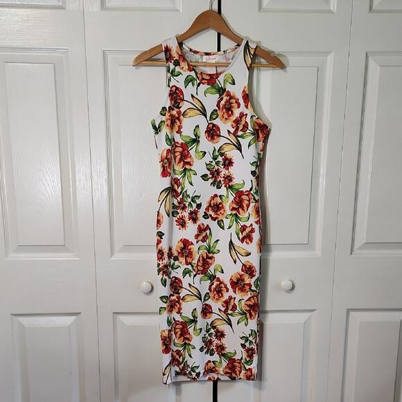 Love Womens Multi-Colored Floral Sheath Dress Size Med Textured Racerback Midi - Picture 1 of 7